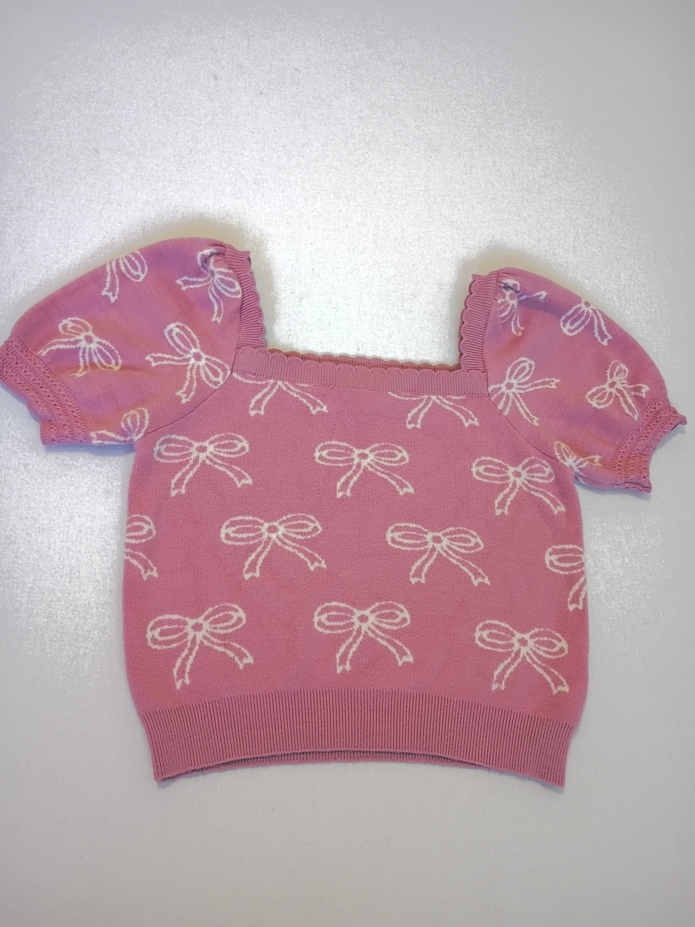 Willow & Wind Pink Bow Print Square Neck Puff Short Sleeve Coquette Sweater Sz M